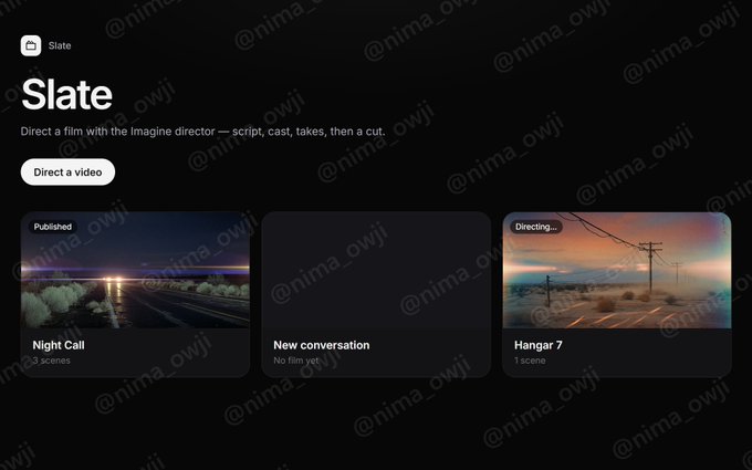 A dark-themed interface for an AI video tool called 'Slate' with the tagline 'Direct a film with the Imagine director — script, cast, takes, then a cut.' The watermarked page shows project cards titled 'Night Call', 'New conversation', and 'Hangar 7'.