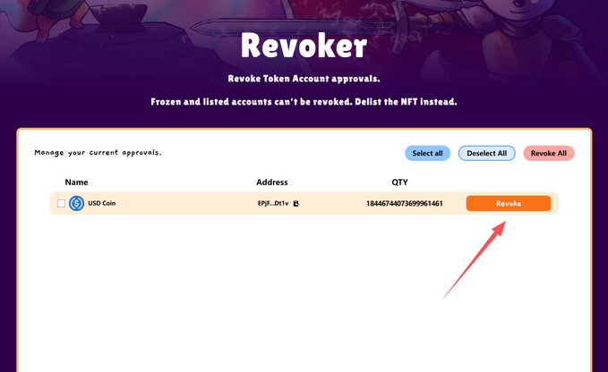 The image shows a "Revoker" interface displaying a token approval management page where a single approval for "USD Coin" with address "EPjF...Dt1v" and quantity "18446744073709951614" (the maximum uint64 value, indicating unlimited authorization) is listed, with a red arrow pointing to the orange "Revoke" button. This relates to the post by illustrating the tool used to cancel the unlimited USDC authorization granted to SEEKER's Loyal badge app.