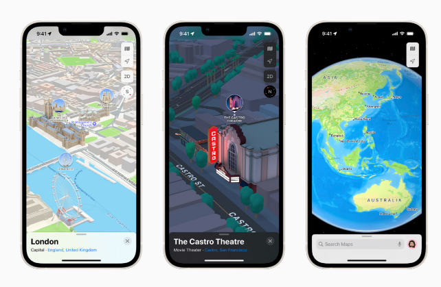 Three iPhone screenshots display Apple's Maps app featuring 3D city views of London, 3D landmarks like The Castro Theatre in San Francisco, and an interactive 3D globe view.