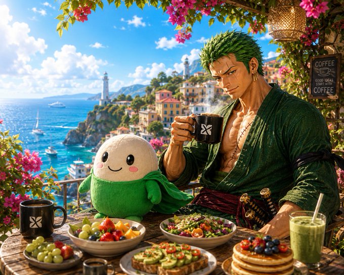 An anime-style illustration of a green-haired man resembling Zoro drinking from an 'X' mug alongside a small green plush character, set against a coastal Mediterranean village backdrop with a 'COFFEE' sign.