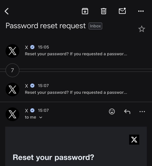 A smartphone displays an X (formerly Twitter) inbox showing multiple password reset requests received at 15:05, 15:07, and another at 15:07, suggesting repeated unauthorized attempts to reset the user's account password, consistent with the post's warning about a compromised device following a wallet drain incident.