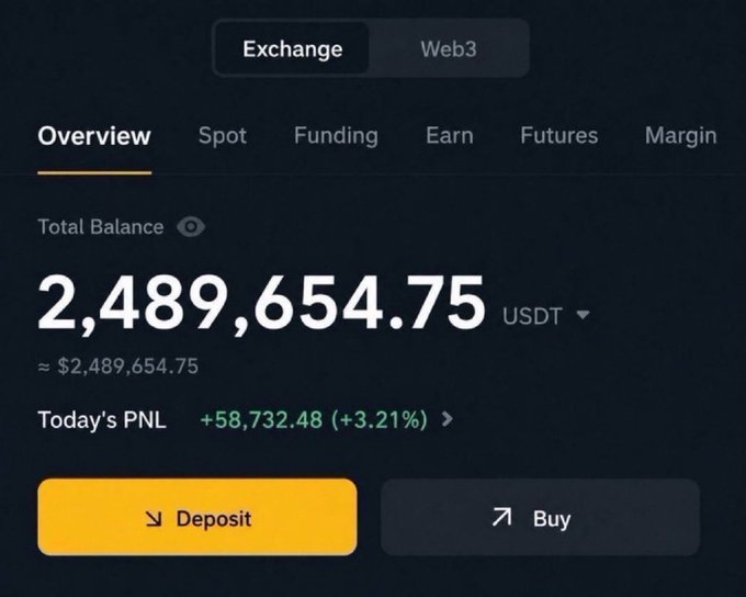 A cryptocurrency exchange account overview screen shows a Total Balance of 2,489,654.75 USDT with Today's PNL at +58,732.48 (+3.21%), featuring Deposit and Buy buttons.