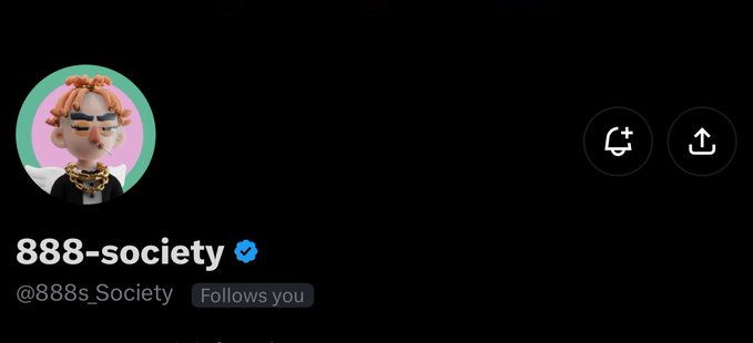 The image shows a social media profile for "888-society" (@888s_Society) with a verified blue checkmark, indicating they follow the user. The profile features a 3D avatar with glasses and a gold chain against a colorful background, alongside profile action icons. This visual represents the 888-society project being highlighted in the accompanying post, which discusses their distinctive feature of allowing collectors to choose the royalties.