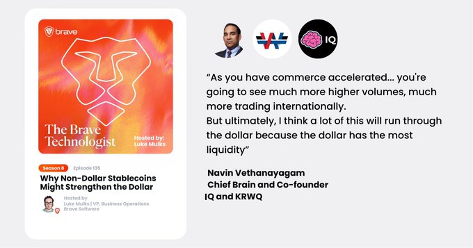 The image is a promotional graphic for "The Brave Technologist" podcast, Season 8, Episode 135, titled "Why Non-Dollar Stablecoins Might Strenghten the Dollar," hosted by Luke Mulks of Brave Software, featuring a quote from Navin Vethanayagam, Chief Brain and Co-founder of IQ and KRWQ, who argues that despite accelerated commerce and international trading volumes, the US dollar will maintain its dominance due to its superior liquidity. The graphic supports the post's counterintuitive thesis that non-USD stablecoins could actually reinforce dollar strength by funneling increased global commerce through dollar-backed rails.