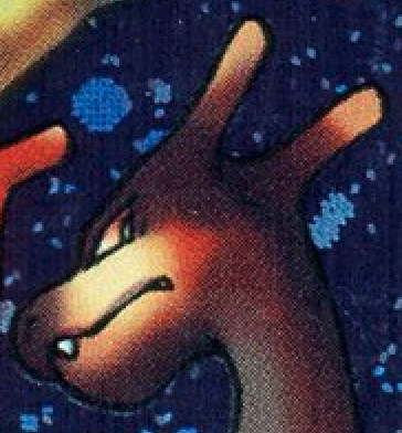A colorful cartoon illustration of an orange creature with long horn-like ears and a wide smile, set against a dark blue starry background with planets.