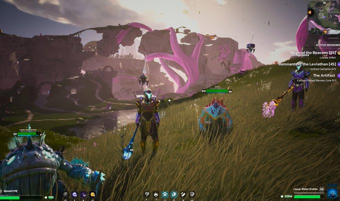 A screenshot from a video game showing characters in a grassy landscape with a large pink crystalline structure in the background, displaying a quest log on the right with text including 'Beyond the Beacons', 'Remnants: The Leviathan', and 'The Artifact'.