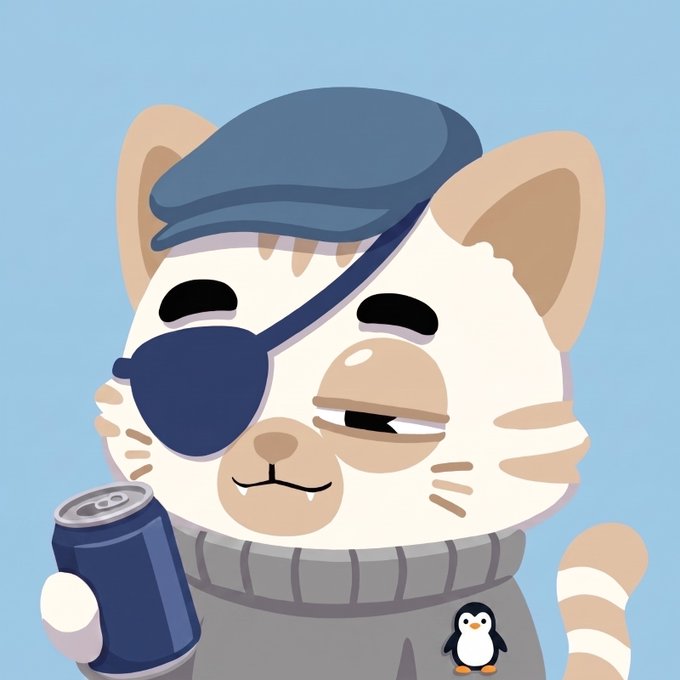A cartoon illustration depicts a cat dressed as a pirate, wearing a blue beret, eye patch, and grey sweater, holding a blue soda can, with a small Linux Tux penguin on its chest against a blue background.