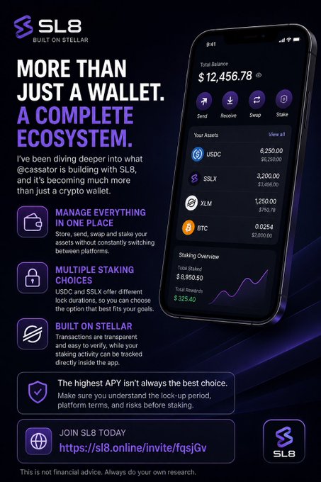 A promotional graphic for SL8 wallet built on Stellar advertises a complete ecosystem with a phone mockup showing a $12,456.78 balance and assets including USDC, SSLX, XLM, and BTC, with an invite link at sl8.online/invite/fqsjGv.
