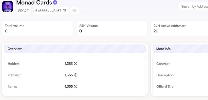 A screenshot of the Monad Cards NFT collection page on a tracking site, showing ERC-721 token, 20 active addresses, and 1,353 holders with 1,355 transfers.