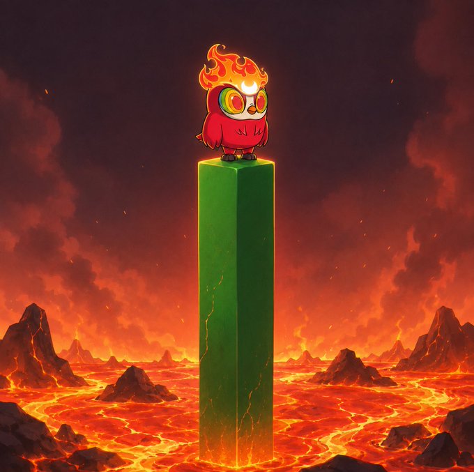 A digital illustration of a cute red owl with a flame on its head perched atop a tall green pillar surrounded by a fiery lava landscape.