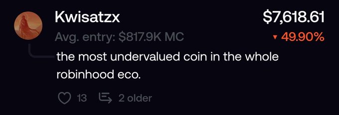 A Robinhood-style stock listing shows 'Kwisatzx' at $7,618.61, down 49.90%, with commentary describing it as 'the most undervalued coin in the whole robinhood eco.'