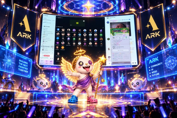A vibrant ARK-themed promotional graphic featuring a cute angel mascot character in the center, flanked by digital displays showing community features and web3 information, with "BUILDING THE NEW FRONTIER TOGETHER" text.