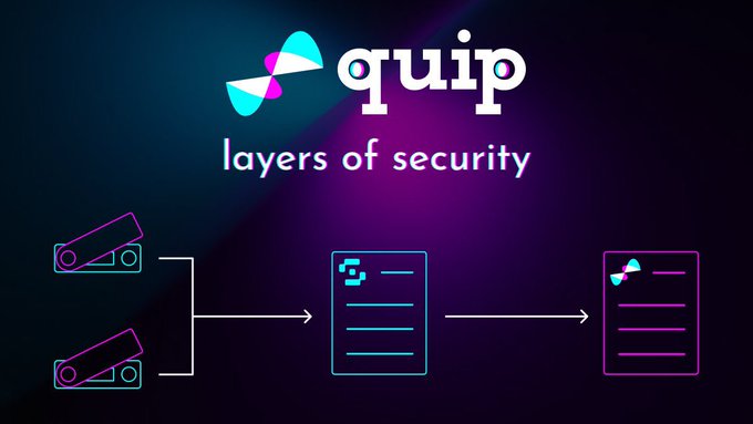 The image displays the "quip - layers of security" branding on a dark gradient background, featuring a flowchart of camera/surveillance icons connecting to a document icon and then a branded quip document, illustrating the platform's multi-layered security approach. This visually reinforces the post's emphasis on Quip's reliable, foundational infrastructure for Web3 through its secure, decentralized compute network.
