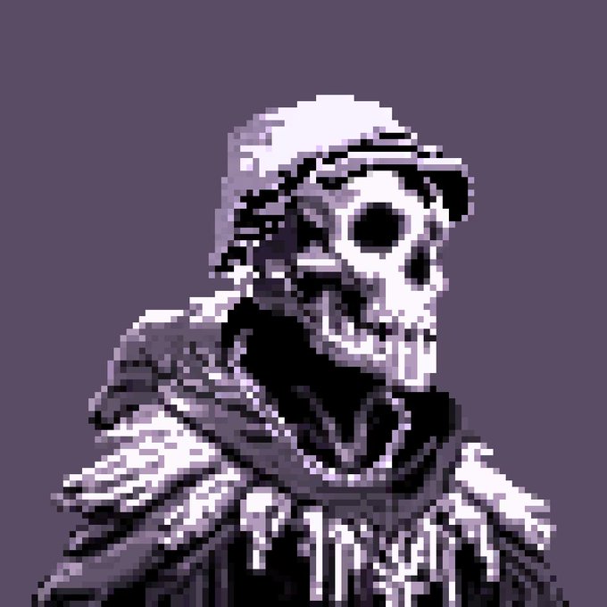 Pixel art portrait of a hooded skeleton figure in dark robes against a purple background.