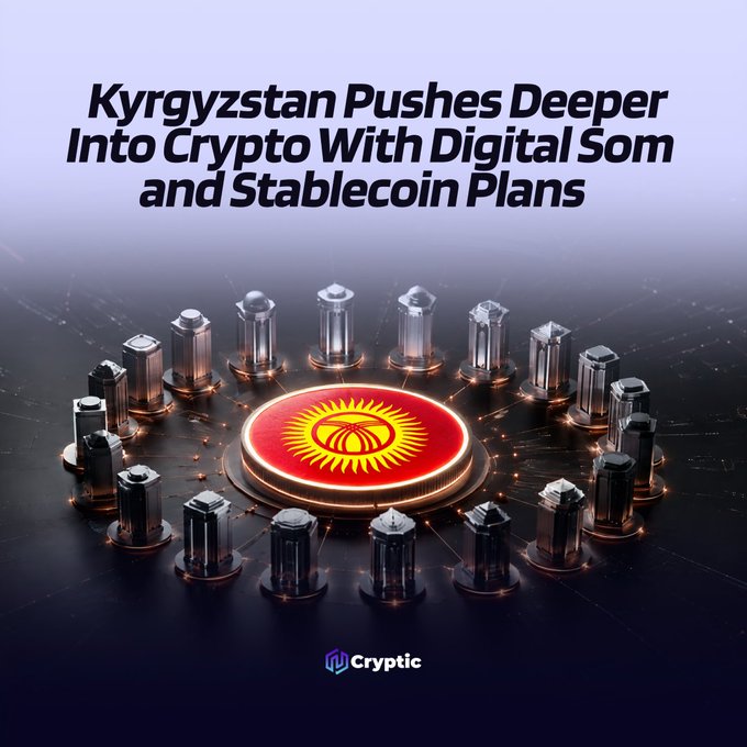 A promotional graphic featuring the Kyrgyzstan flag displayed on a central coin, surrounded by metallic pillar-like structures in a circular formation, with the headline "Kyrgyzstan Pushes Deeper Into Crypto With Digital Som and Stablecoin Plans" and the "Cryptic" logo at the bottom, illustrating the country's expansion into digital currency and its KGST stablecoin initiative.