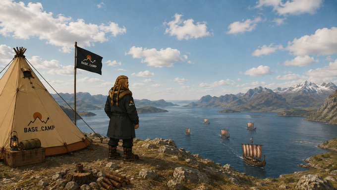 A fantasy landscape depicting a Viking-style figure with braided blonde hair standing beside a 'BASE CAMP' teepee on a cliff, overlooking a fjord filled with longships.