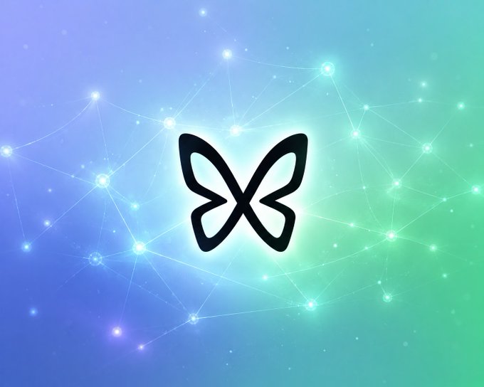 A stylized butterfly logo (XRP/HBAR symbol) displayed over a blue and green gradient background with connected network nodes.