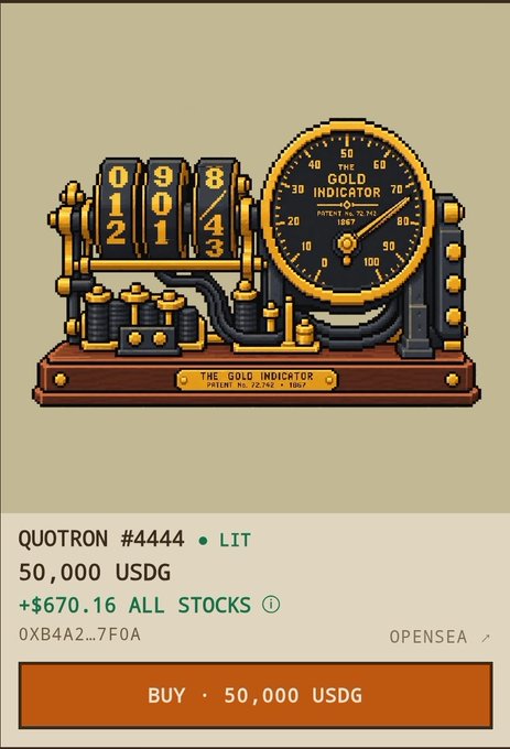 A pixel art NFT titled "QUOTRON #4444" from the Quotrons collection, currently listed for sale at 50,000 USDG with a 0.0% premium over its floor price. The piece features the No. 1 relic showing the iconic "The Gold Indicator" gauge at 89, matching the post's announcement of the top relic being available for purchase on OpenSea.