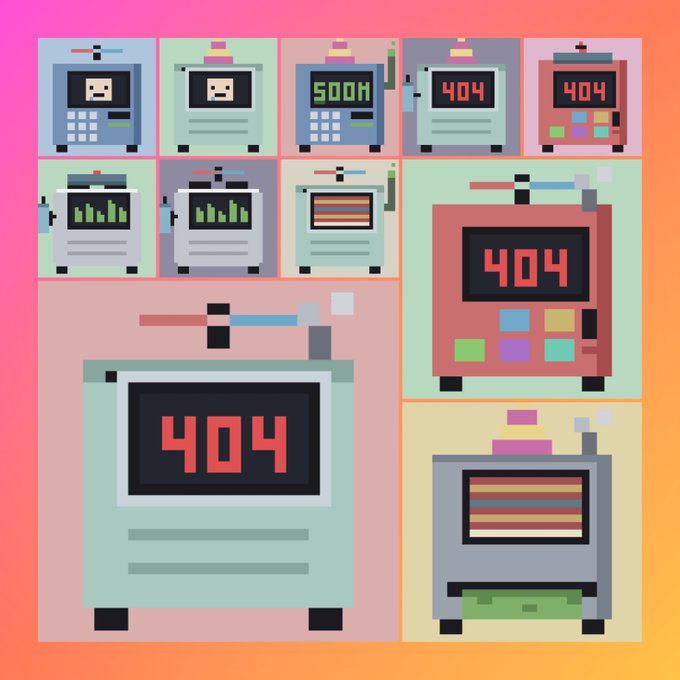 Colorful pixel art collage featuring various retro-style electronic devices and monitors displaying '404' error messages and other screens against a pink-to-orange gradient background.