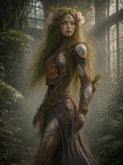 A digital painting depicts a fantasy female figure with curly hair and a flower standing in a misty, lush forest environment.