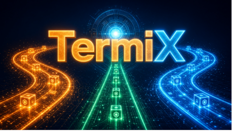 The image shows a stylized digital graphic featuring the glowing text "TermiX" flanked by orange and blue highway-like lanes with floating cube icons, symbolizing network pathways or transactions. It visually represents the @termix_ai project referenced in the post, which describes TermiX's focus on building the AACP protocol for Agent-to-Agent hiring, escrow, and settlement—illustrating the "payment and chain" layer the post highlights.