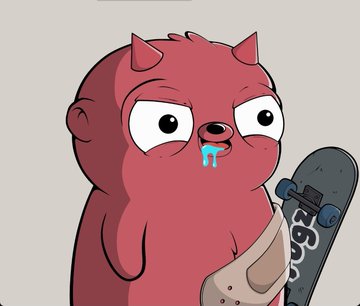 A cartoon illustration of a red creature with small horns, wide eyes, and blue drool coming from its mouth, holding a skateboard.