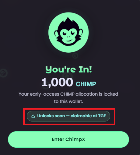 The image shows a screen with a green circle containing a cartoon monkey face, along with text that reads "You're IN! Unlocks soon - Claimable at TGE". The focus of this message appears to be related to an app called "Chimpx AI", which is likely a cryptocurrency wallet or trading platform. The post suggests that the user should connect their account and claim their token within a specific timeframe, as indicated by the text on the screen.