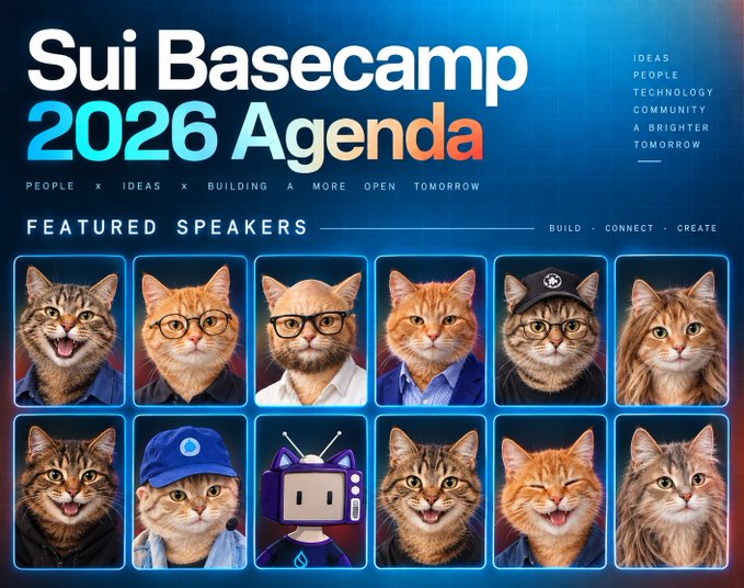 A promotional graphic for "Sui Basecamp 2026 Agenda" featuring cat-themed avatars as "featured speakers," playing on the post's joke of "taking over" the event with a lineup of feline faces replacing the typical tech conference speaker lineup.
