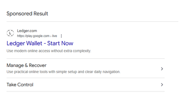A fake "Ledger Wallet - Start Now" sponsored ad appearing at the top of Google search results, featuring the Ledger.com URL, links that reportedly trigger MetaMask phishing warnings to steal users' 24-word recovery phrases.