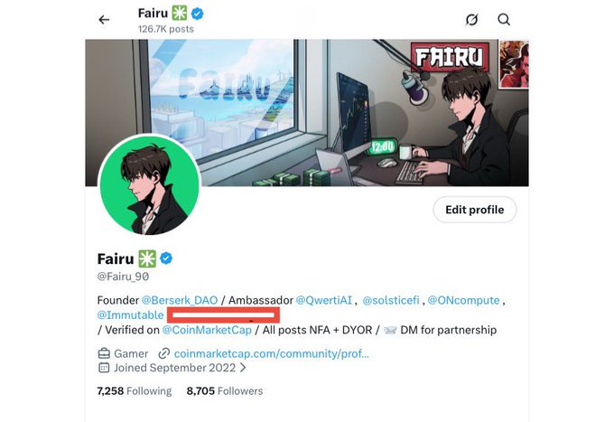 A Twitter/X profile for 'Fairu' (@Fairu_90) with 8,705 Followers, listing roles as Founder of @Berserk_DAO, Ambassador for @QwertiAI, @solsticefi, and @ONcompute, and joined in September 2022.
