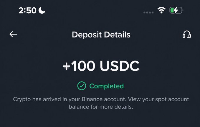A mobile screenshot of a Binance "Deposit Details" page showing a completed +100 USDC transaction. The caption connects the post's theme by illustrating how easily earnings are received directly in-app: "Just received 100 USDC in my Binance account — no waiting, no hassle, all while sewing."