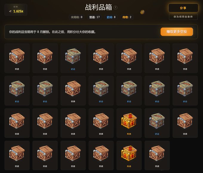 A screenshot of a gaming interface titled "战利品箱" (Loot Box) showing a collection of 27 crates labeled with rarities like "普通" (Common), "史诗" (Epic), and "传奇" (Legendary), with a notification that boxes will unlock in August and counts of 9 unopened, 17 common, 8 epic, and 2 legendary crates.

The image illustrates the accumulated loot boxes or rewards mentioned in the post, reflecting the project's active distribution of airdrops and event-based rewards to its user base.