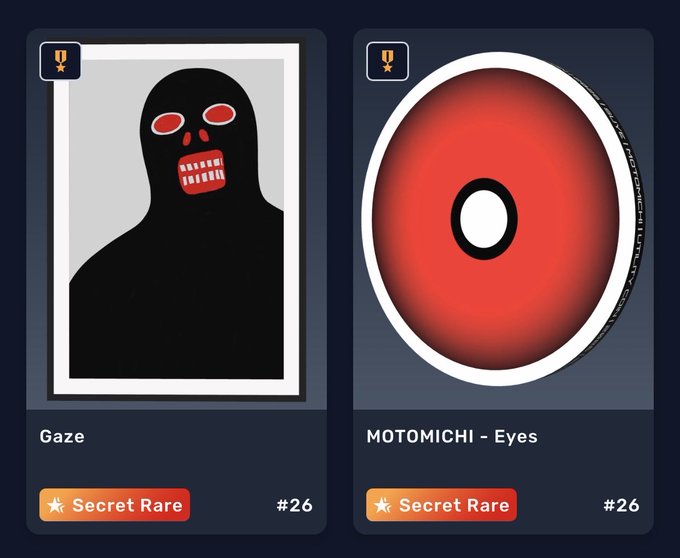 Two digital cards labeled "Secret Rare #26" are displayed: the left card is titled "Gaze" showing a black silhouette figure with red eyes and teeth, and the right card is titled "MOTOMICHI - Eyes" featuring a red and white circular eye design.
