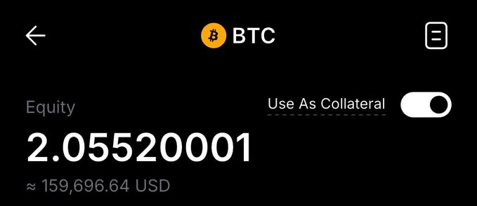 A crypto wallet interface displaying BTC (Bitcoin) equity of 2.05520001 BTC (approximately 159,696.64 USD) with 'Use As Collateral' enabled.