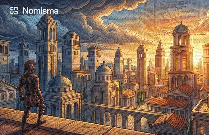 An illustration in a mosaic/tile art style depicting a Roman soldier looking out over an ancient city with domed buildings and towers at sunset, with the 'Nomisma' logo in the top left corner.