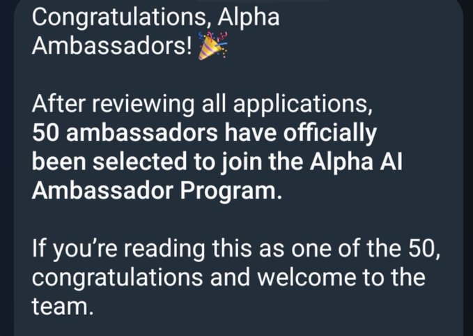 Congratulations message announcing 50 ambassadors selected for the Alpha AI Ambassador Program.