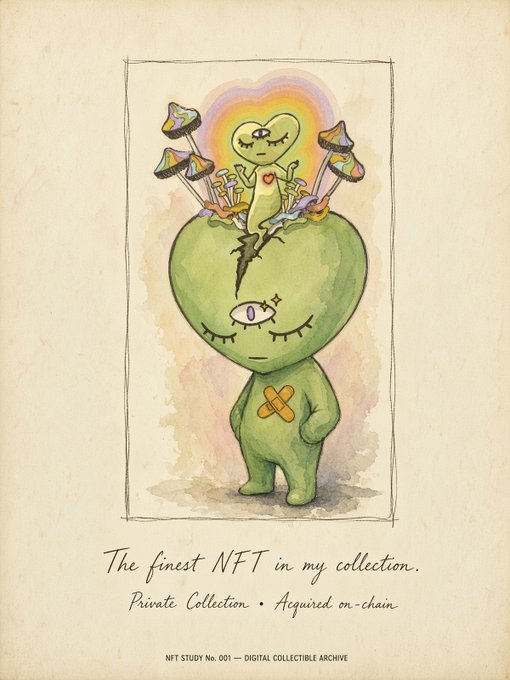 A hand-drawn illustration of a green creature with a cracked heart-shaped head containing mushrooms, captioned 'The finest NFT in my collection. Private Collection • Acquired on-chain' and 'NFT STUDY No. 001 — DIGITAL COLLECTIBLE ARCHIVE'.