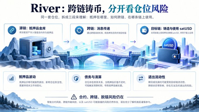 An infographic titled 'River: 跨链铸币，分开看仓位风险' (River: Cross-chain minting, separate position risk analysis) showing three stages—Source chain collateralization, Cross-chain messaging, and Target chain minting—along with three risks (collateral volatility, debt and liquidation, exit liquidity) and the satUSD token.