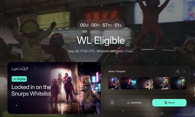 A screen capture showing a countdown timer at "00d: 00h: 57m: 01s" with the text "WL Eligible" and "Sep 30, 17:00 UTC. Whitelist mint lasts 1 hour." for an NFT project called "CATAPULT".