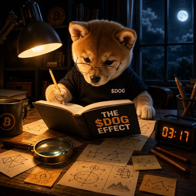 A Shiba Inu dog wearing glasses and a shirt reading '$DOG' sits at a desk writing in a book titled 'THE $DOG EFFECT', surrounded by Bitcoin-themed items, pencils, and notes under a lamp at night.