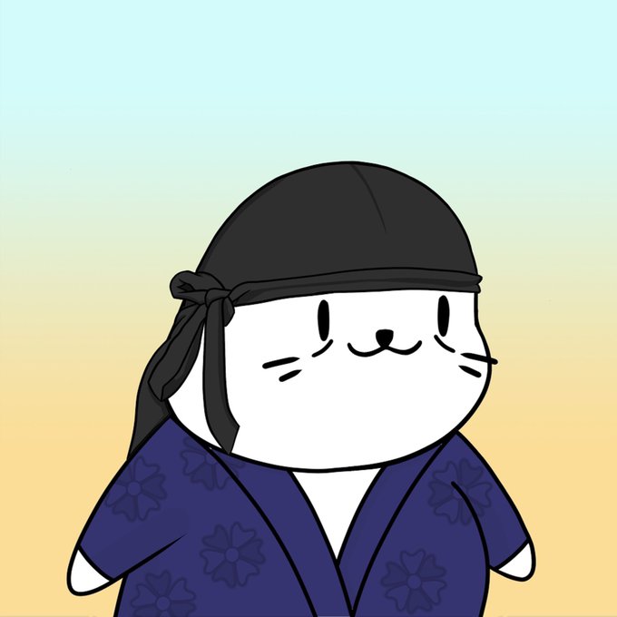 A cute cartoon illustration of a white cat wearing a black bandana and a blue floral kimono, set against a pastel gradient background.