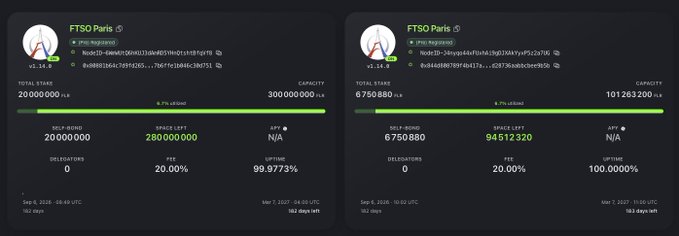 Two side-by-side dashboard panels for 'FTSO Paris' nodes, displaying metrics such as Total Stake, Capacity, Self-Bond, Space Left, APY, Fee, and Uptime.