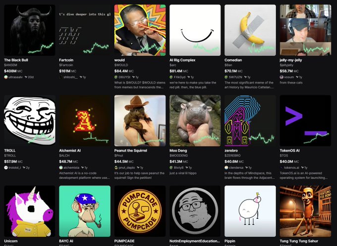 A grid of Pumpfun meme tokens displays their market caps, with most falling well below $10M. Notable entries include The Black Bull ($ANSEM) at $408M and Farcöin ($FARCOIN) at $161M, visually reinforcing the post's claim that only 25 tokens have sustained above a $10M market cap, with just $ANSEM and $FARCOIN remaining over $100M.