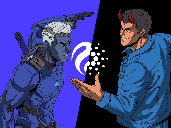 A cartoon split-screen showing a white-haired warrior in armor on the left and a horned character on the right, with Sui and Cardano logos in the middle.