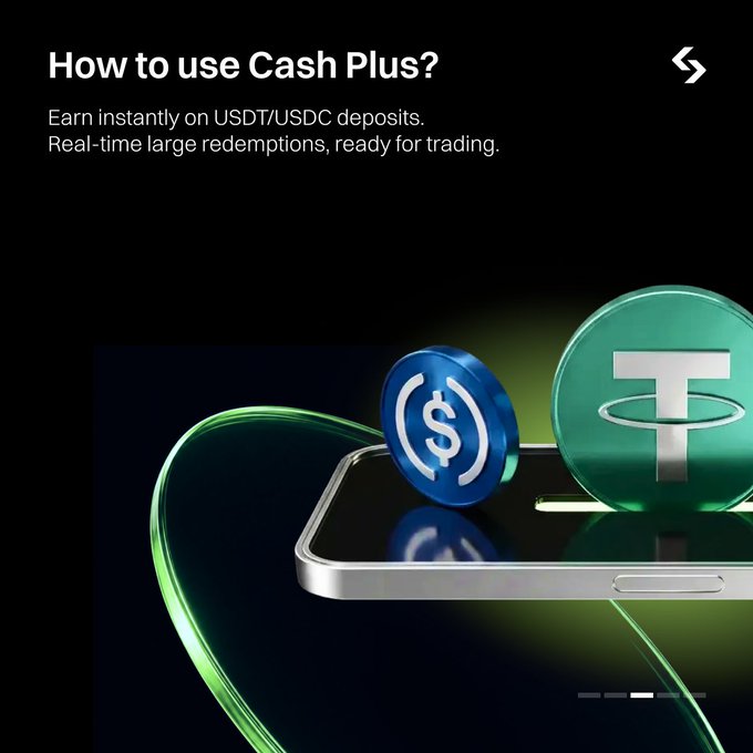 An informational graphic titled 'How to use Cash Plus?' explaining earnings on USDT/USDC deposits, accompanied by 3D renderings of coins and a smartphone.