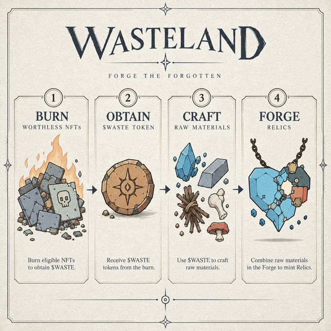An infographic titled 'WASTELAND' subtitled 'FORGE THE FORGOTTEN' illustrates a four-step process: BURN worthless NFTs, OBTAIN $WASTE token, CRAFT raw materials, and FORGE relics.