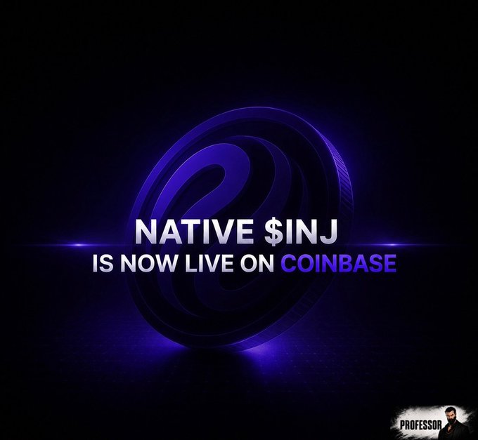 A purple and black promotional graphic announces "NATIVE $INJ IS NOW LIVE ON COINBASE" with a "PROFESSOR" watermark in the corner.