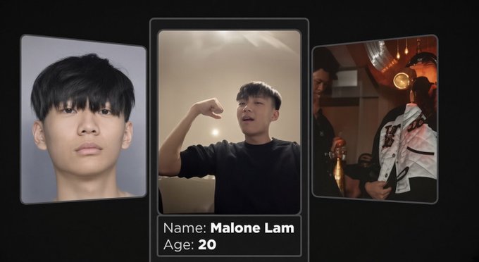 A photo collage of a young Asian man labeled 'Name: Malone Lam, Age: 20' showing three images: a school photo-style portrait, him in a black shirt flexing, and him at an event signing autographs.