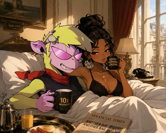 A cartoon-style image shows a purple alien character wearing sunglasses next to a woman in lingerie holding a 'GOOD MORNING LEGEND' mug, with a '10x MENTALITY' mug and a Financial Times newspaper titled 'ANOTHER DAY ANOTHER BAG' on a breakfast tray.