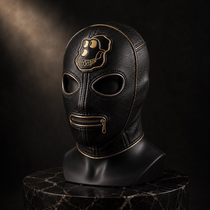 A photograph of a black leather wrestling-style mask with gold trim and a decorative skull emblem, displayed on a black mannequin head atop a dark marble pedestal.